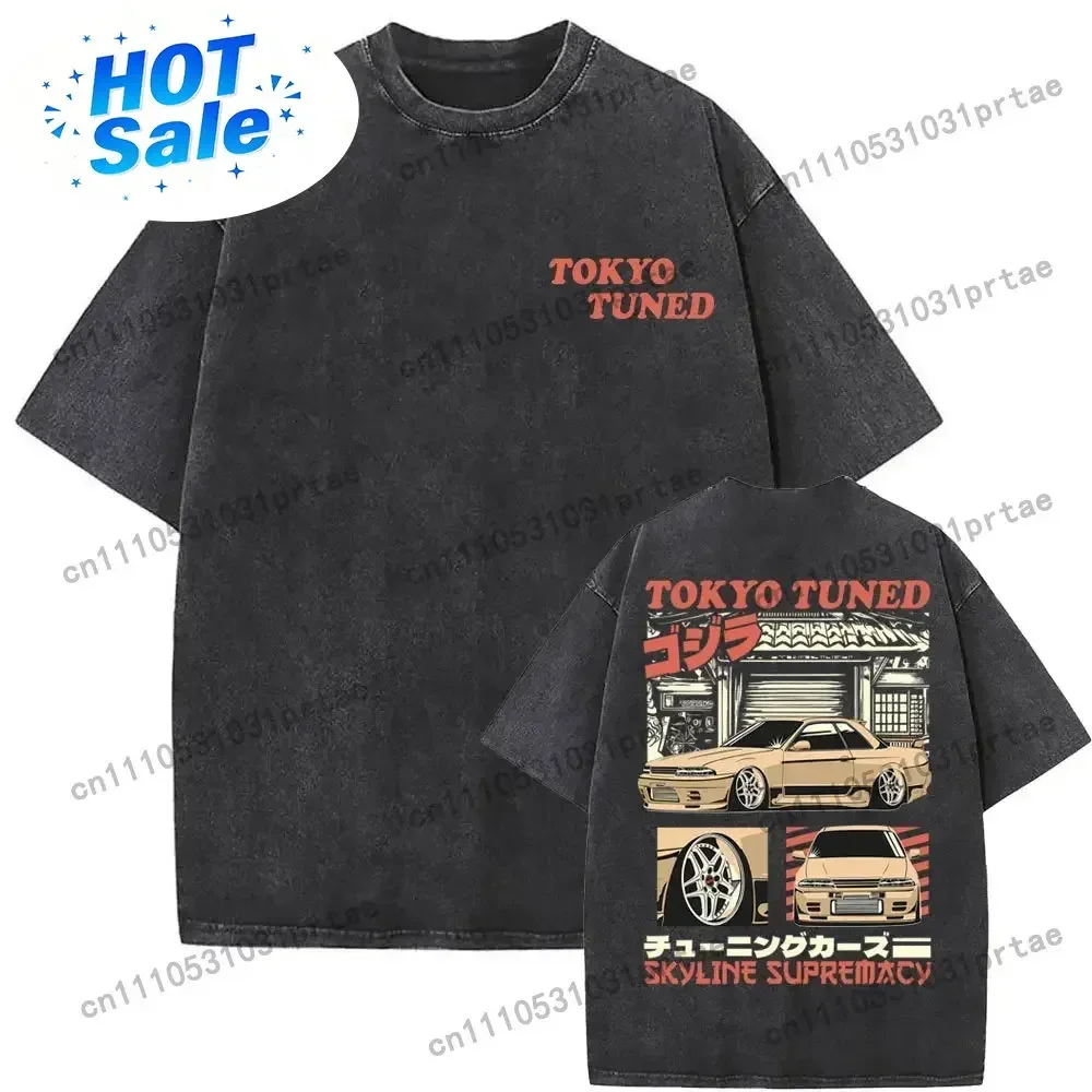 Anime Initial D AE86 Drift Akagi RedSuns Vintage Washed T Shirt Takumi Fujiwara R34 Skyline GTR JDM Race Car Oversized Black