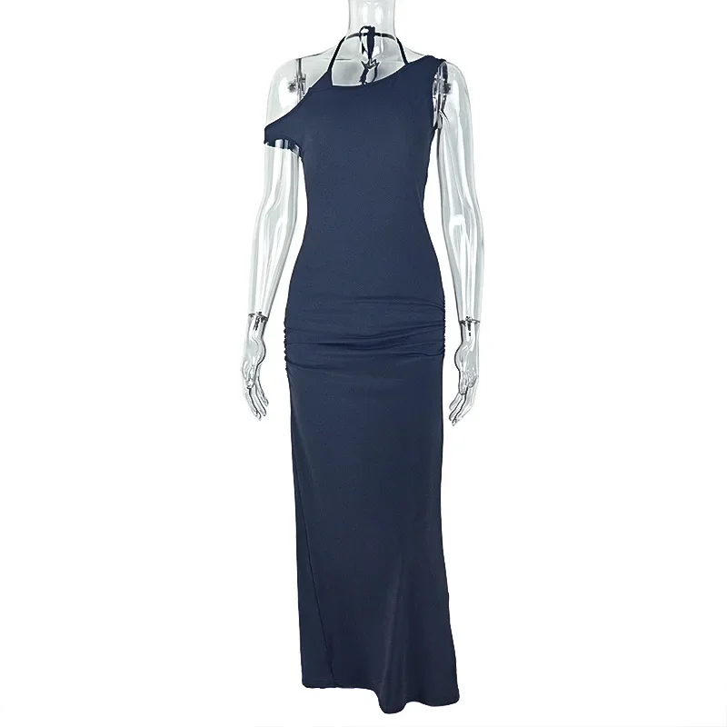 Elegant Sexy Bodycon Maxi Party Dress Women Solid Inclined Shoulder Lace Up Halter Backless Split Slim Evening Gown Long Robe