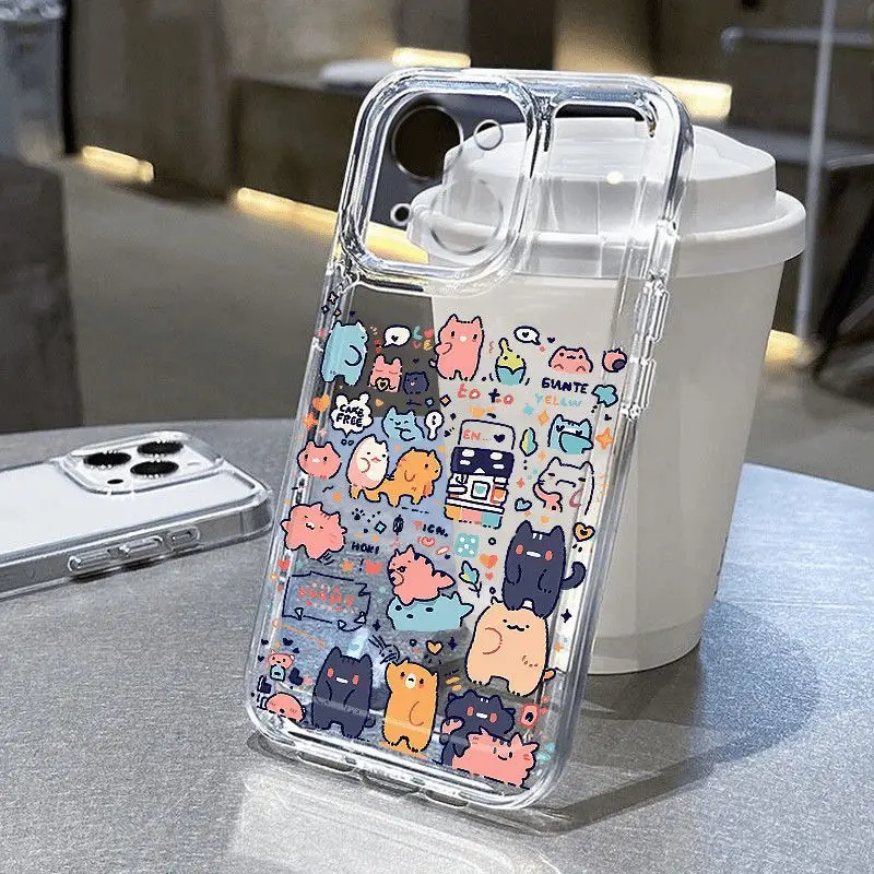 Cartoon Animal Colorful Cats Clear Phone Case For iPhone 16 15 11 12 14 13 Pro Max Mini X XSM XR 7 8 Plus SE4 16e Cute Covers