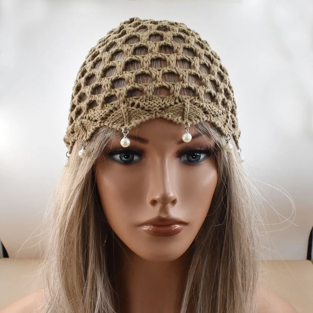Hollow Out Crochet Knitted Hat Adjustable Decorative Design Mesh Knitted Hat Handmade Charm Beads Tassels Hollow Knit Cap Women