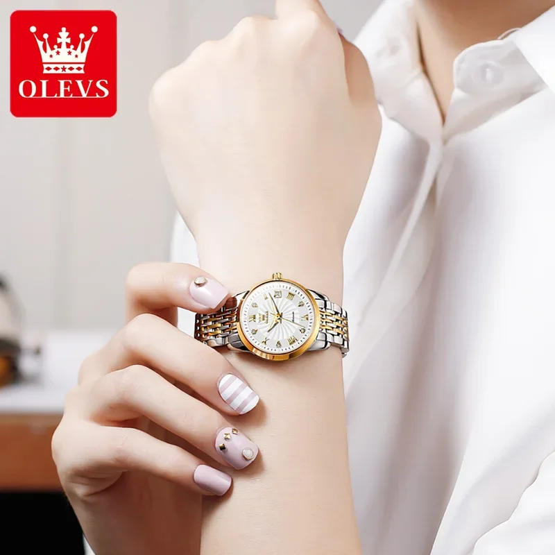 OLEVS jam tangan mekanis wanita, arloji 6630 elegan mewah tahan air dengan skala Romawi untuk wanita