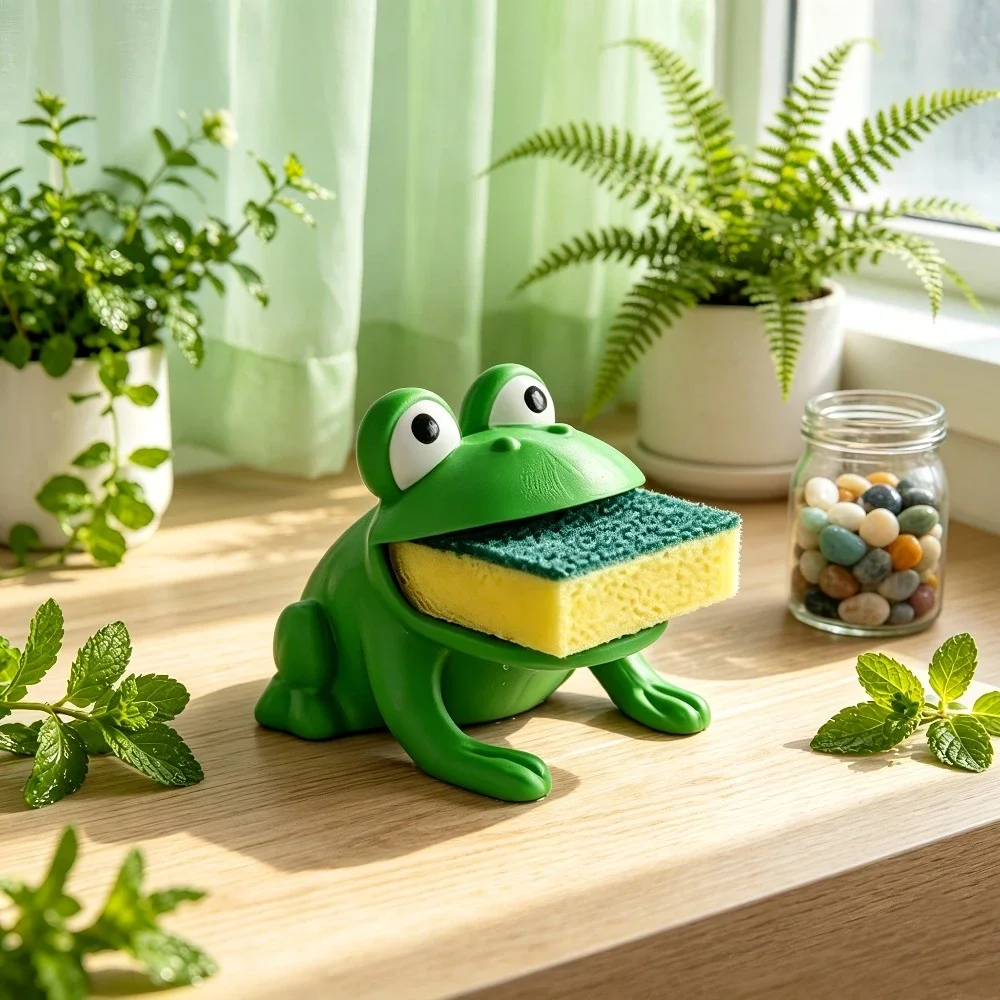 Frog-shaped sponge dishwashing brush holder with drainage system view 6