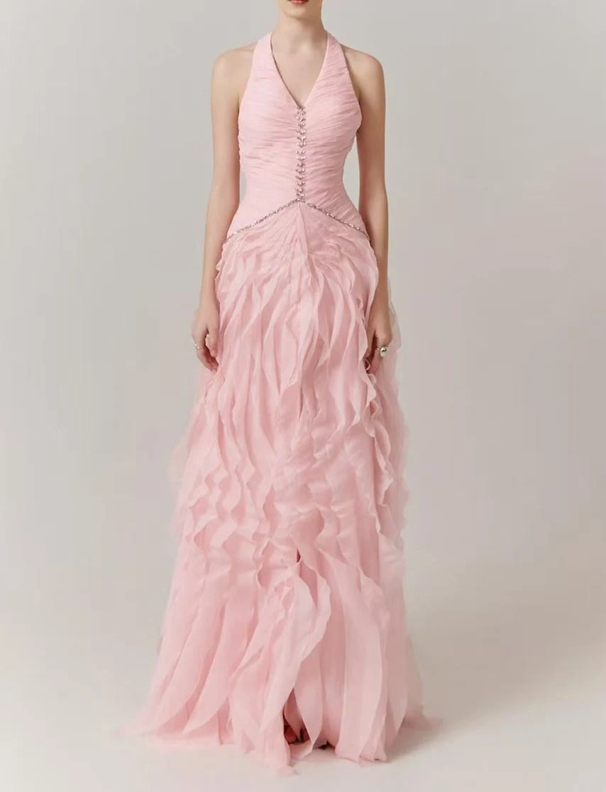 Customized Evening Dress Blush Pink Halter V-Neck Ruched Bodice High-Low Ruffled Chiffon Gown with Front Slit and Crystal