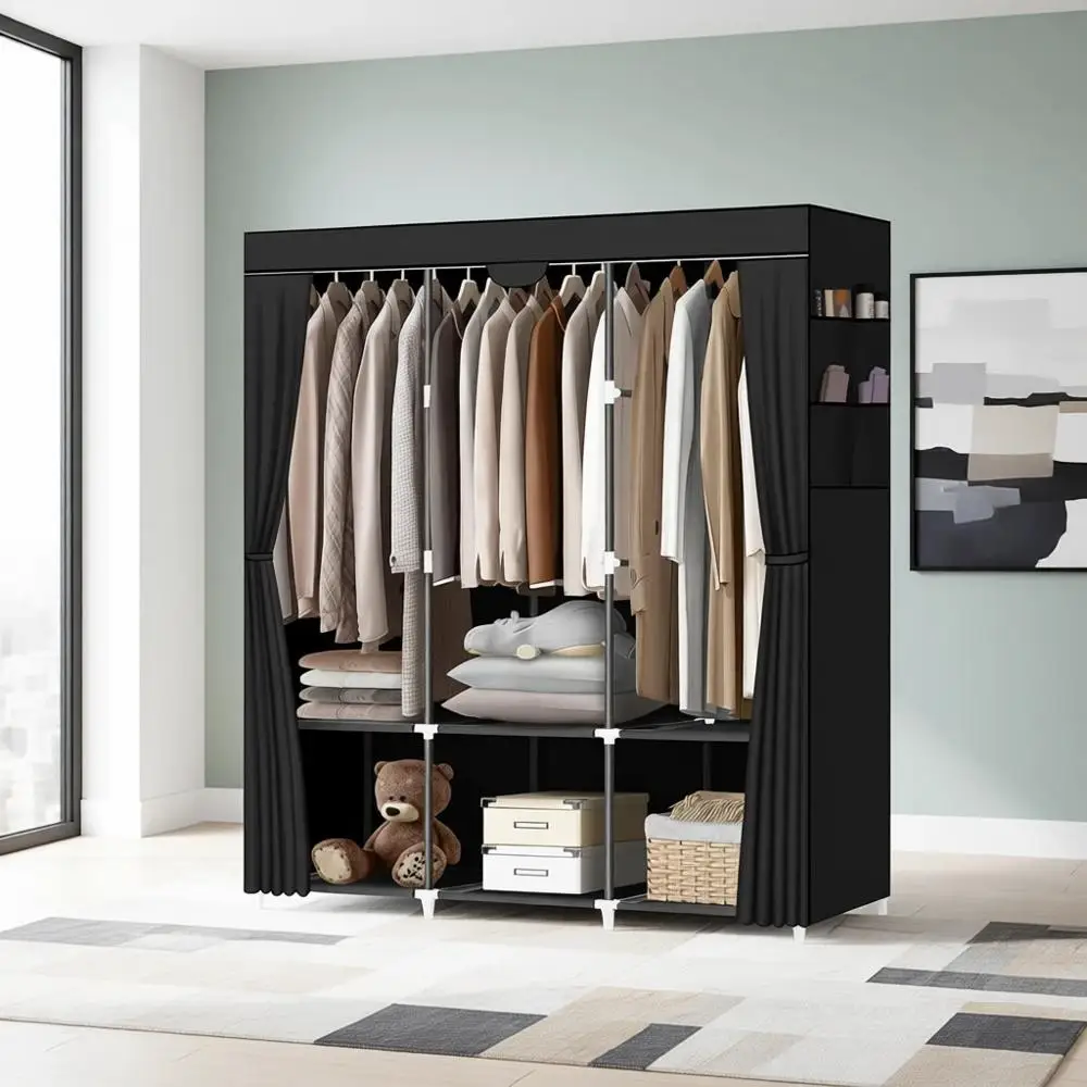 

Прочный черный портативный шкаф с 3 штангами, 6 полками и 4 боковыми карманами для легкой сборки