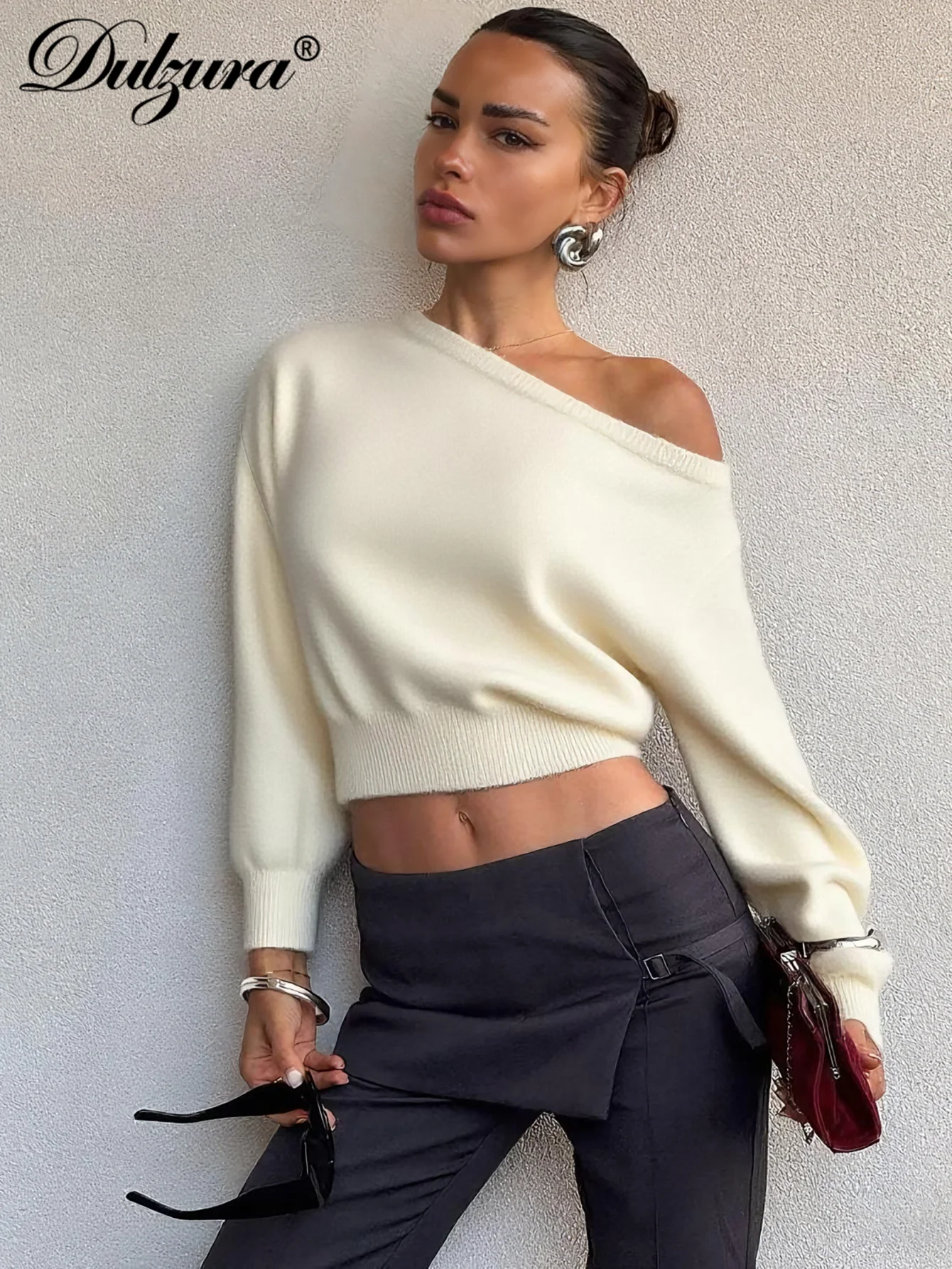 

Dulzura 2023, осенний модный элегантный тонкий свитер с наклонными плечами и длинными рукавами, женский однотонный сексуальный уличный костюм для вечеринок и клубов