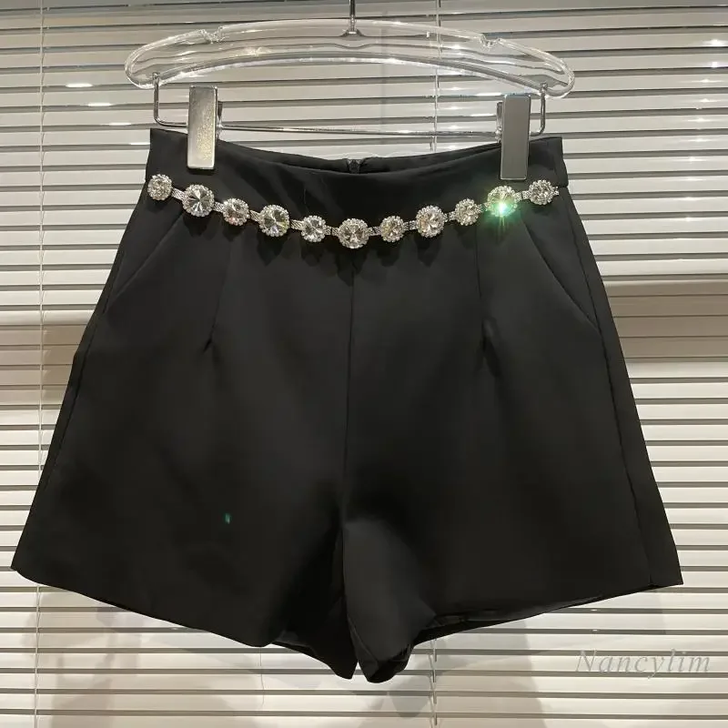 Rhinestone Chain Waist Shorts Women 2024 New Fashion Temperament All-Match Short Femme White Black Nancylim