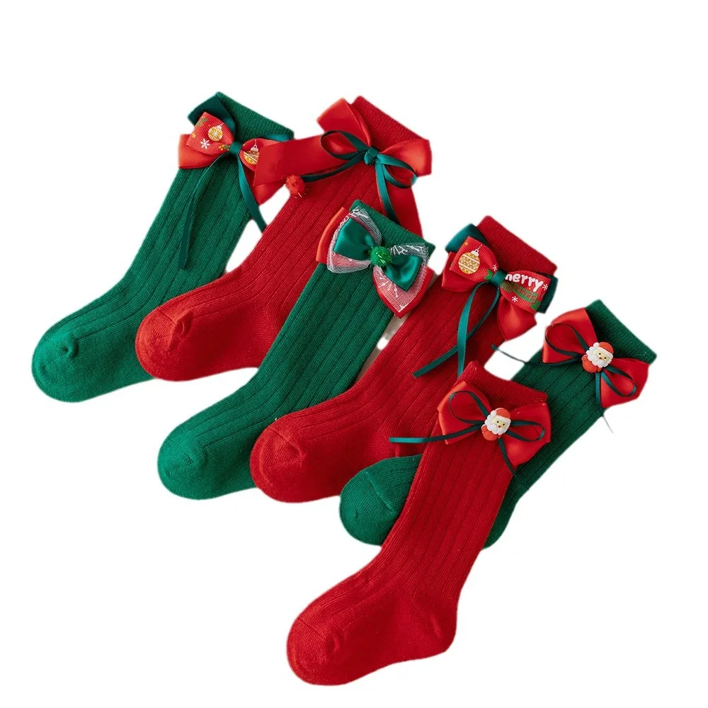 

2025 New Spain Children's Bow Christmas Socks New Baby Socks Long Socks Girls' Red Green Solid Color Paired with Cotton Socks