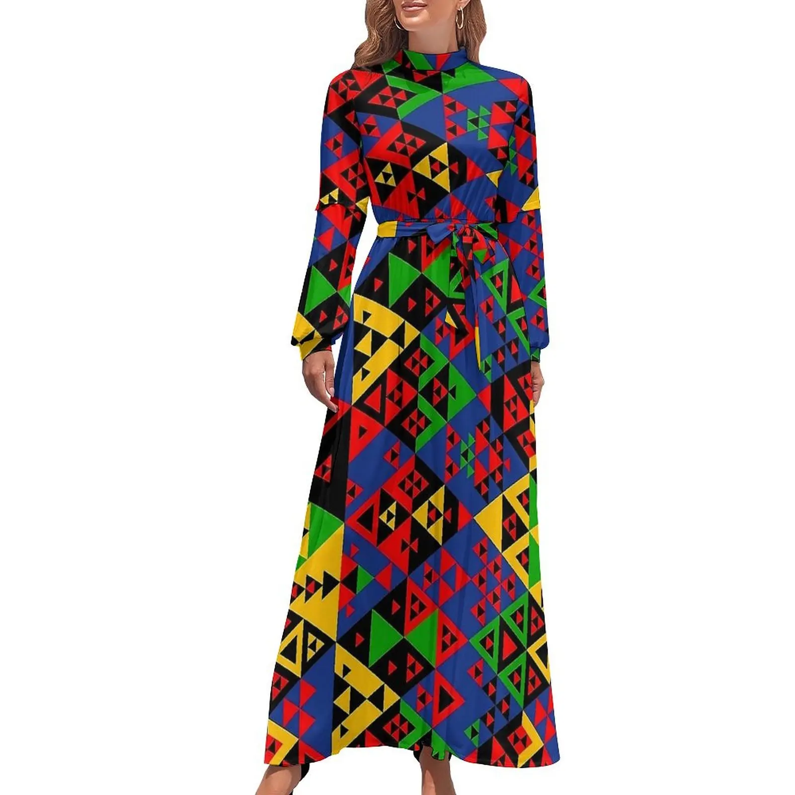 

Contrast Color Dress Ethnic Geometric Triangles Trendy Maxi Dress Street Style Beach Long Dresses High Neck Pattern Vestido