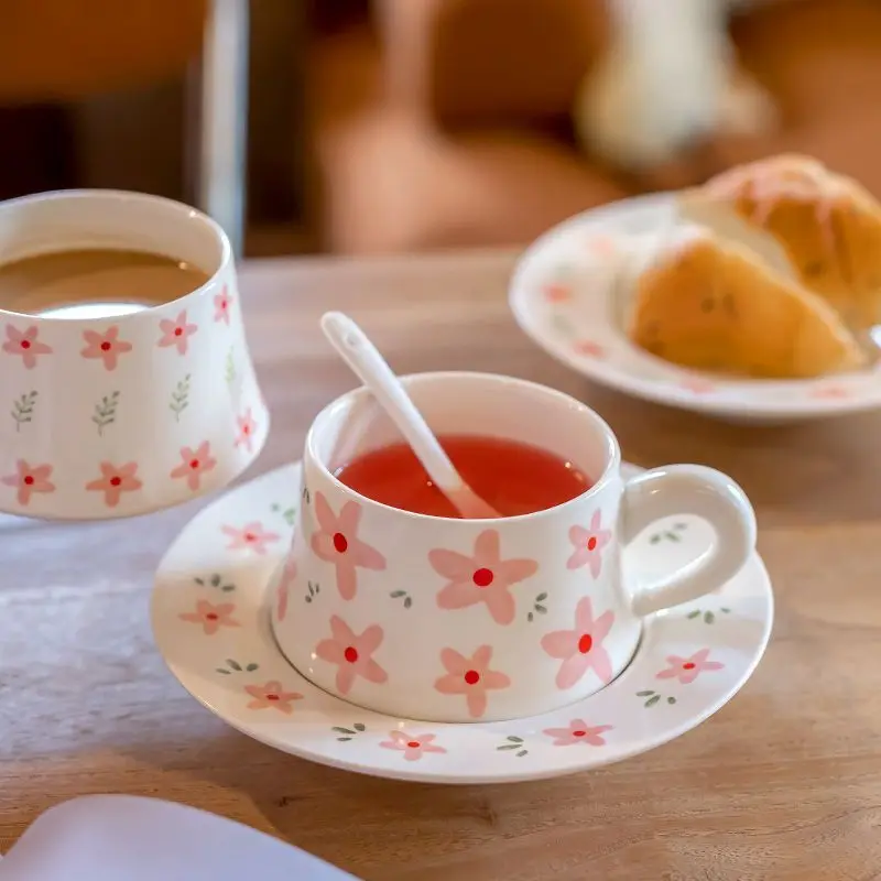 

Small Floral Coffee Cups, Plates, High Aesthetic Ceramic Mugs, Women's Birthday Gifts, Practical Souvenir Cups