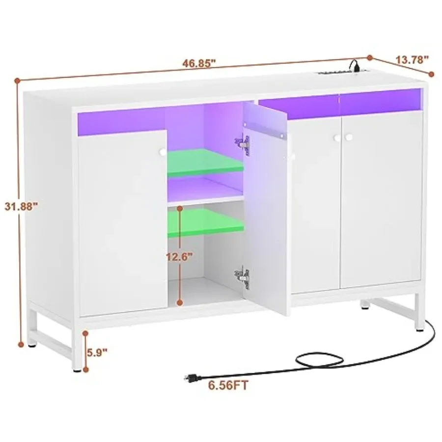 Sideboard Buffet Cabinet for dining room, MDF wood, white, built-in power outlet, concealed doors, adjustable LED light