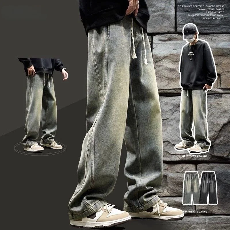 

Hong Kong Sle Men's Jeans Summer New Letter Print High Waist Cotton Polyester Blend Straight Leg High Elastici Daily Wear