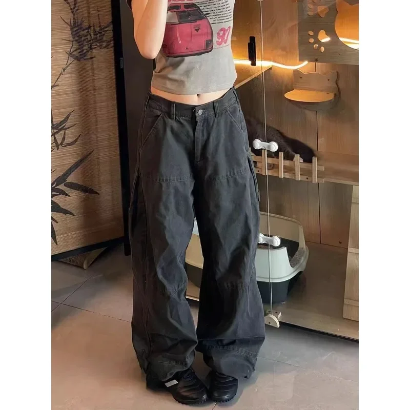 Deeptown Y2k Vintage Cargo Jeans Woman Harajuku Casual America Retro Baggy Denim Pants Autumn Basic Streetwear Wide Leg Trousers