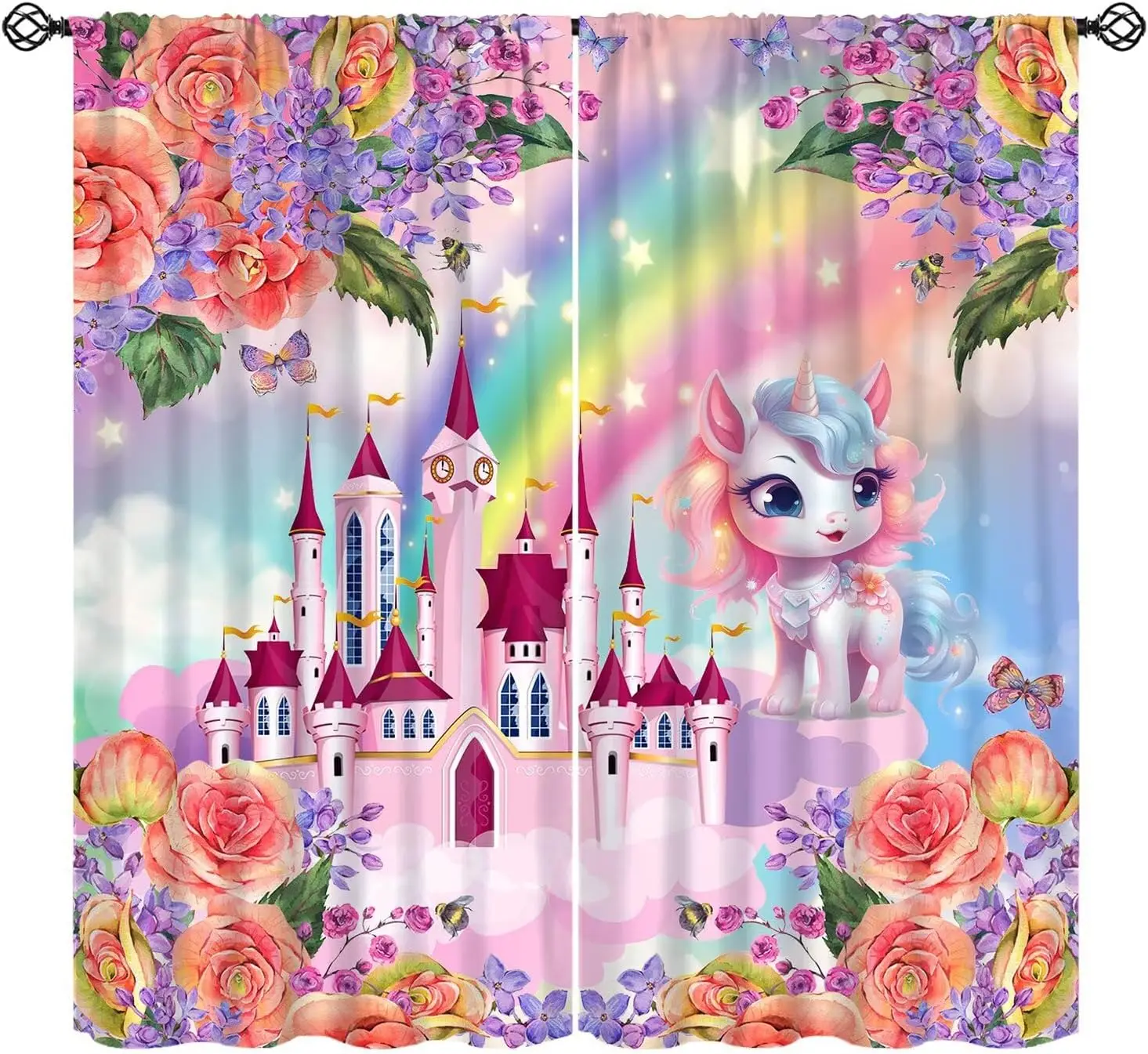 Unicorn Castle Curtain Pink Princess Palace and Flower Print for Girls Bedroom Fantasy Decor