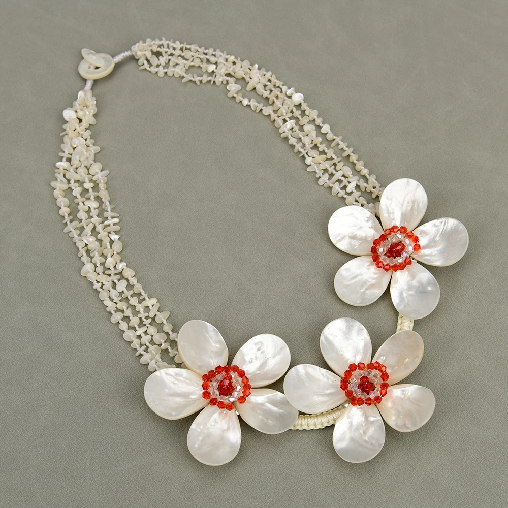 Handmade 4 Strands  Natural White Sea Shell Flower Red Crystal Mother Of Pearl Necklace Pendant For Lady