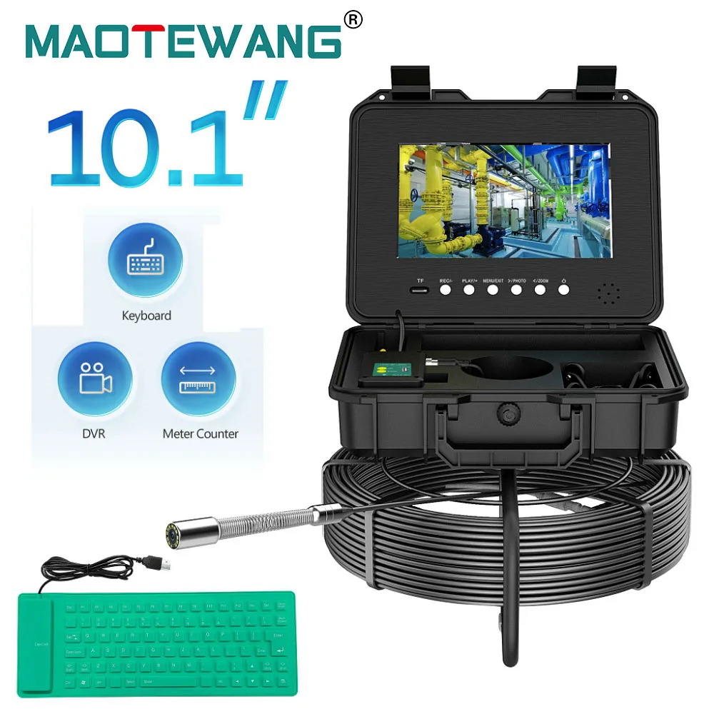 

Sewer Endoscope HD 1080P Drain Pipe Inspection Camera 10M-100M 10.1" 512Hz Transmitter Self-Leveling 16GB DVR with Meter Counter