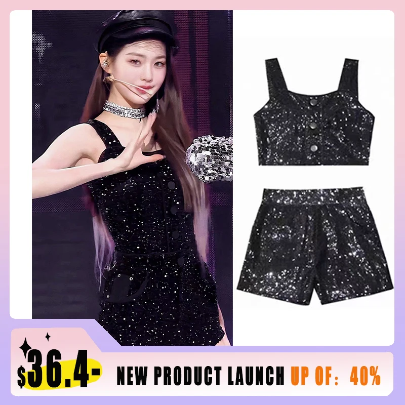 

New Korean Women's Group Same Style Singing Wear K POP Black Sequin Catwalk Show Stage Outfits Jazz Performance Costumes VBH344