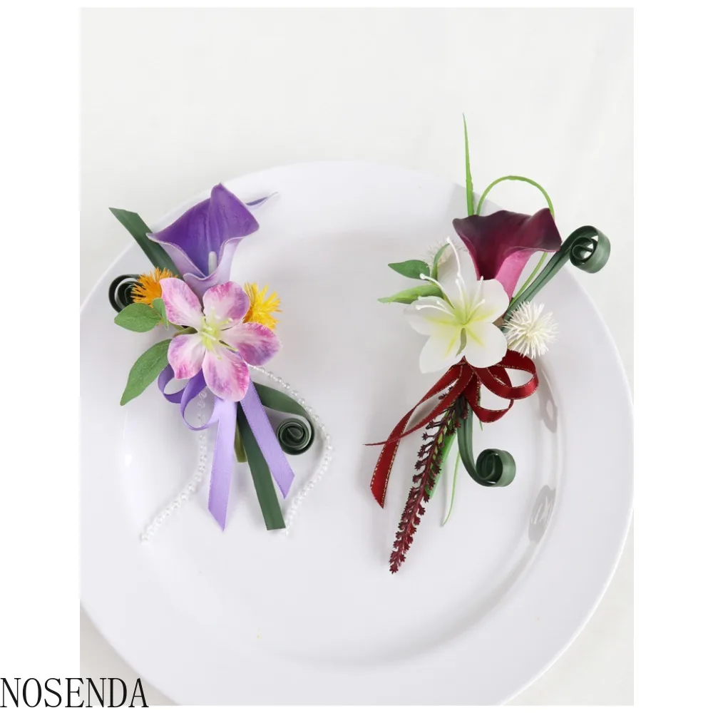Artificial Flower Wrist Corsage Wristlet Band Bracelet and Men Boutonniere Set for Wedding Ceremony Anniversary Formal Dinner