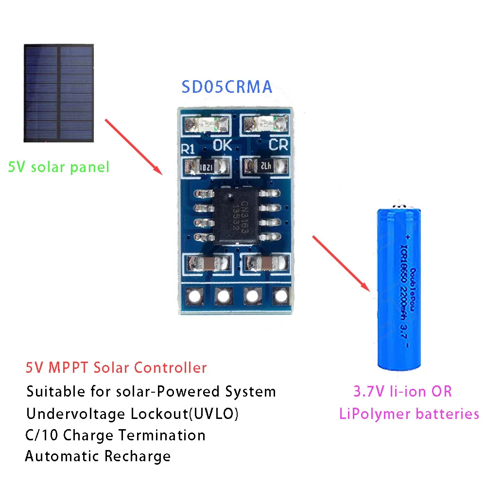 5PCS MPPT 1A 4.2V 3.7V 18650 LiPo Li-ion Lithium Battery Charger Module Solar Panel Battery Charging SD05CRMA