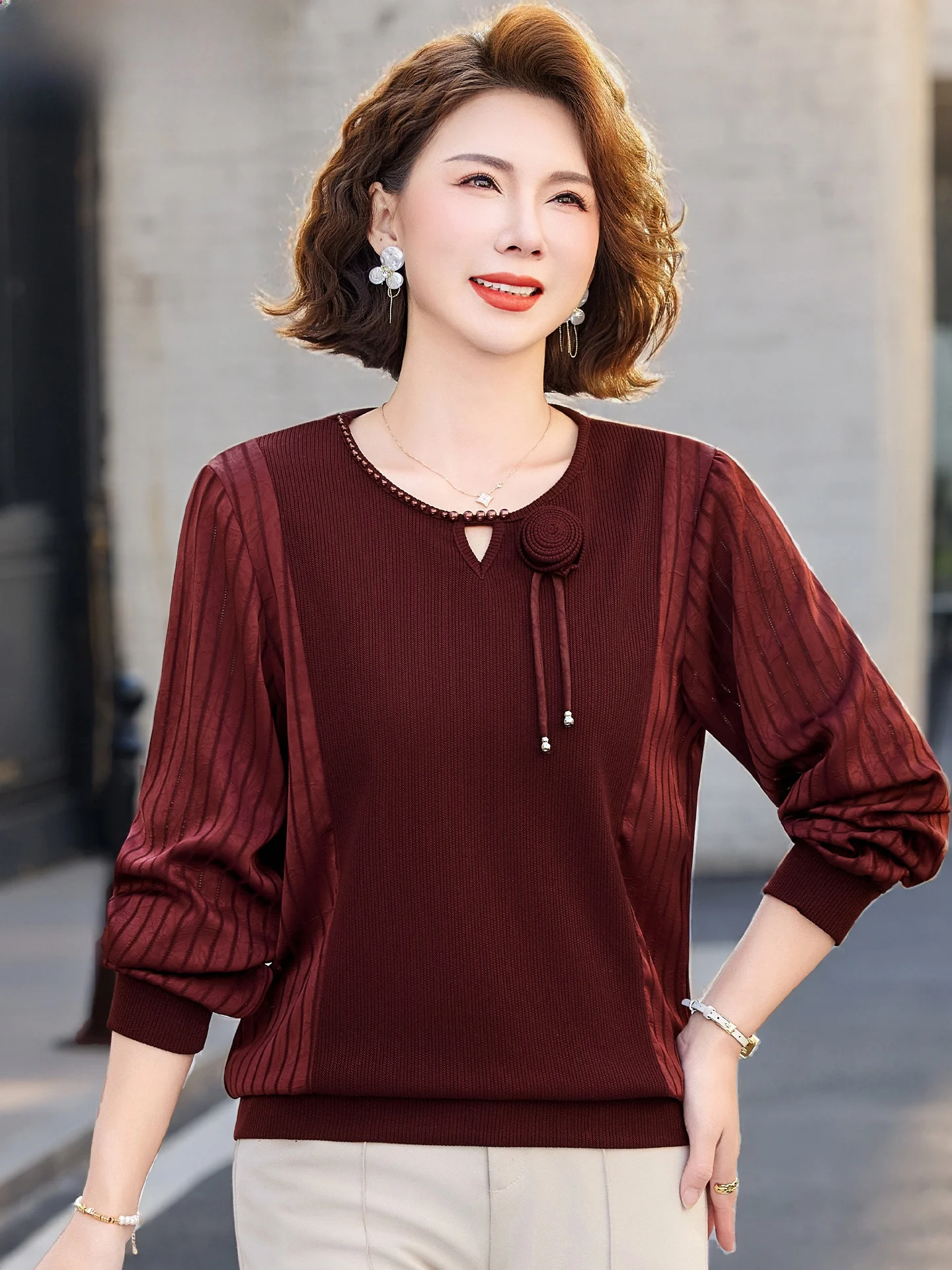 

Ele Mid-Aged Women's Spring Faion Small irt Set High-End Top for Wedding Banquet Straight Tube Loose Fit Breathable