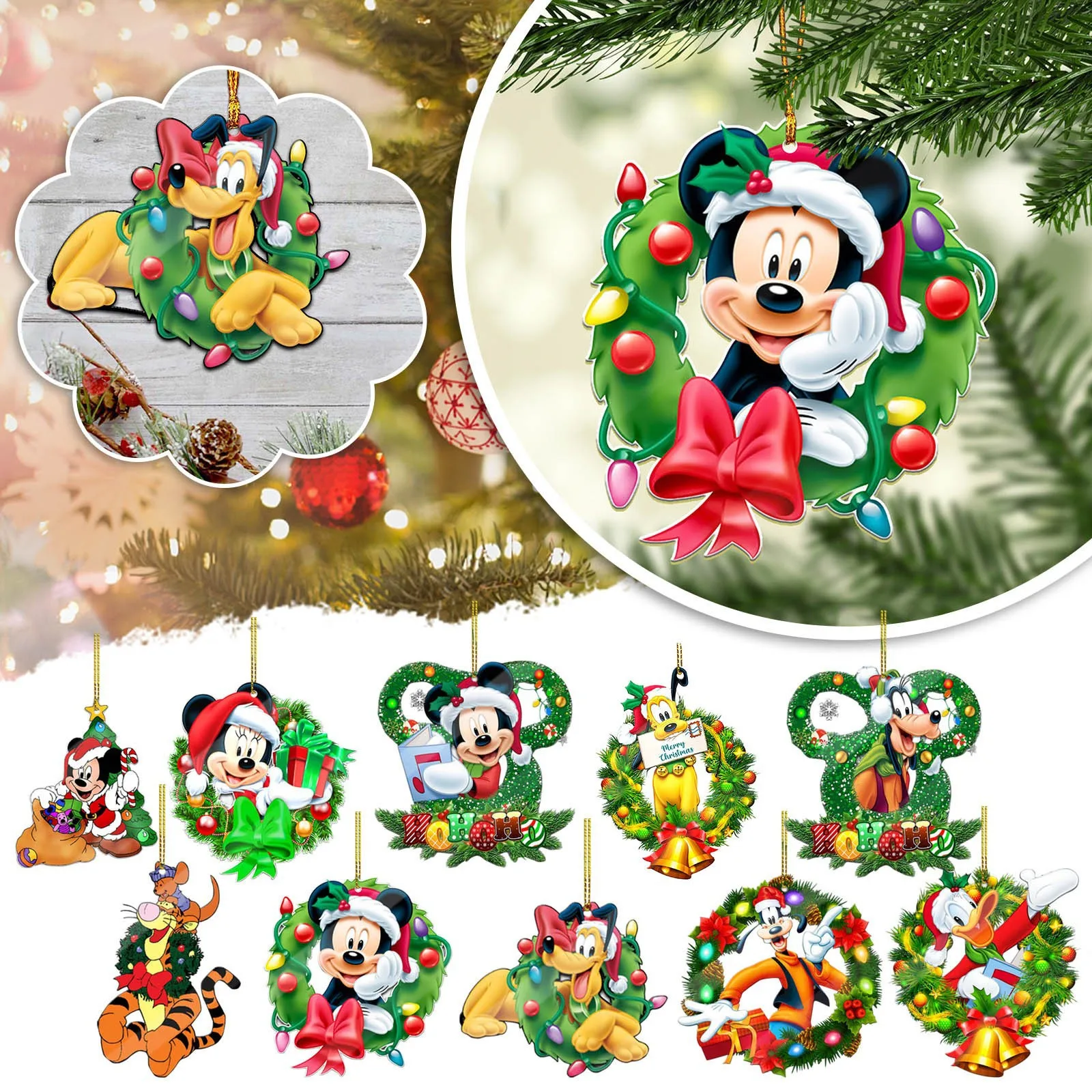 Hot Disney Anime Mickey Mouse Minnie Christmas Tree Hanging Acrylic Flat Christmas Hanging Ornament Trendy Christmas Decoration