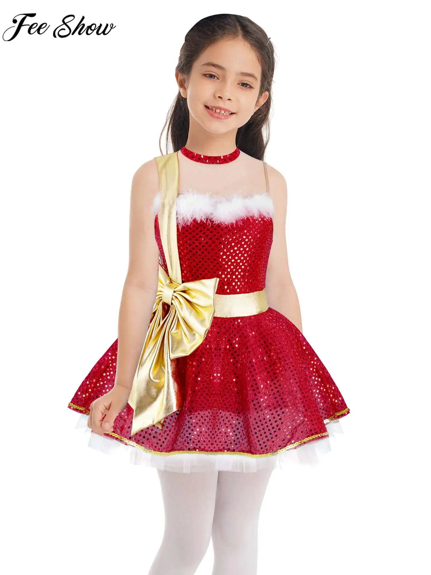 Girls Christmas Dance Dress Ballet Gymnastics Skating Cha-cha Latin Samba Rumba Costume Sleeveless Bow Sequin Mesh Leotard Tutu