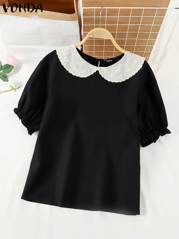 VONDA Women Summer Tops Casual Loose Blusas 2024 Puff Short Sleeve Lacing Splicing Blouses Korean Fashion Sweety Tunics Oversize