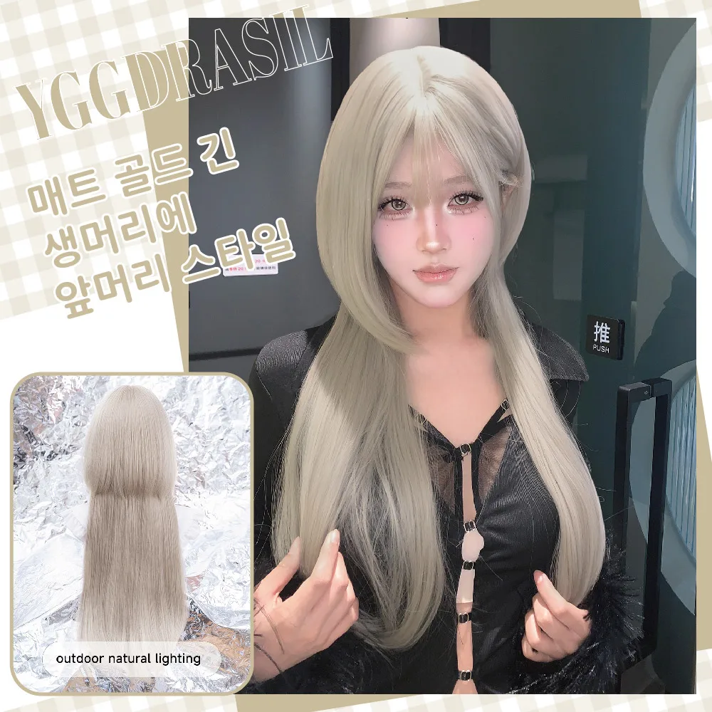 

28Inch Light Platinum Casual Synthetic Wigs With Bangs Long Natural Straight Hair Layered Wig For Women Daily Use Heat Resistant