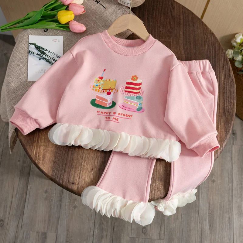 

LYY-2024Children's Suit Spring and Autumn New Princess Style round Neck Cartoon Sweater Lace Trousers Baby Western Style Two-Pie