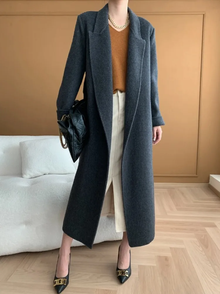 XIWEN 66.6% Cardigan Bandage Patchwork Turn-down Collar Solid Color Women's Long Coats 2024 Autumn Winter New XF3389