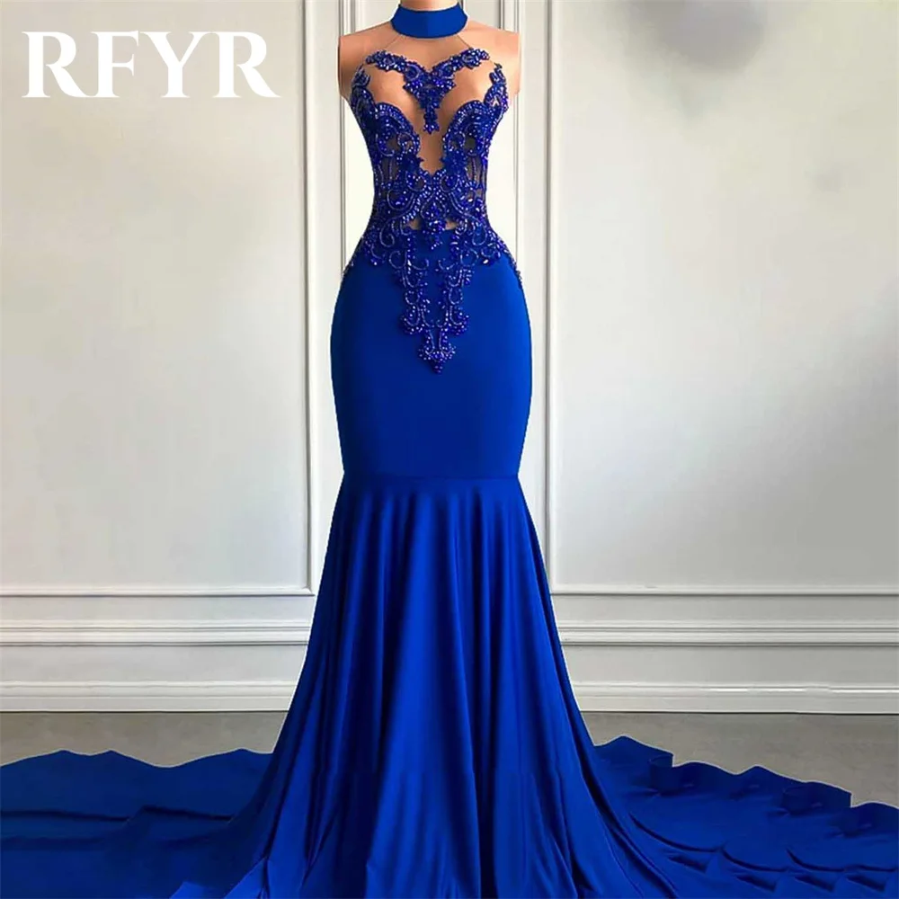 

RFYR Simple Blue Party Dress Mermaid Sexy Night Dresses with Pleats Satin Halter Sleeveless Celebrity Dresses vestidos de fiesta