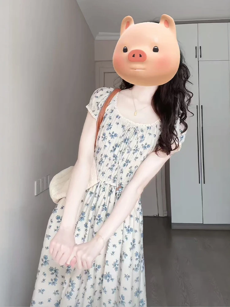 

Poetic Country Style Floral Print Elastic Waist Dress Women's Fashionable Youthful A-Line Skirt Short Sleeve Casual Dress