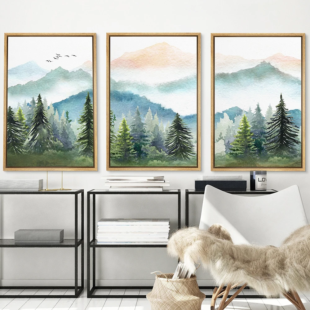 Nordic Watercolor Green Forest Tree Mountain Range Nature Landscape Prints Modern Art Woodland Nursery Wall Picture Room Decor