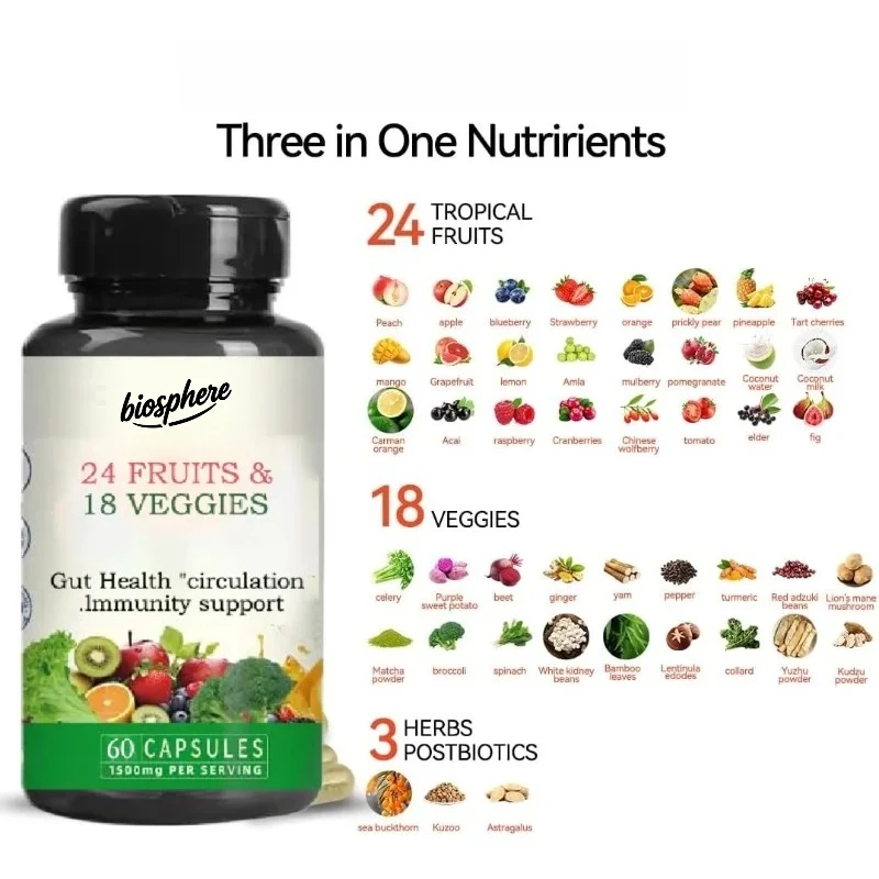 Gut Health Probiotic Capsules contain 24 types of fruits, 18 types of vegetables and herbs, providing antioxidant support