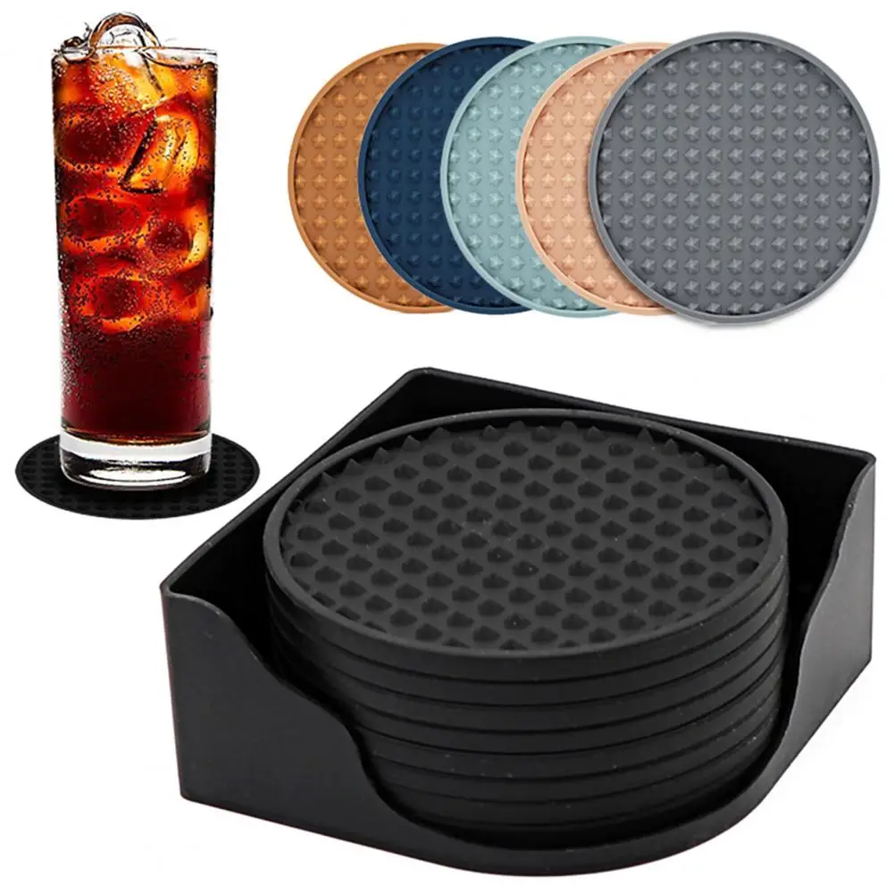 8Pcs Drinks Coaster with Holder Non-Slip Grooved Design Silicone Coaster Heat Resistant Dishwasher Safe Cup Mat Bar Supplies