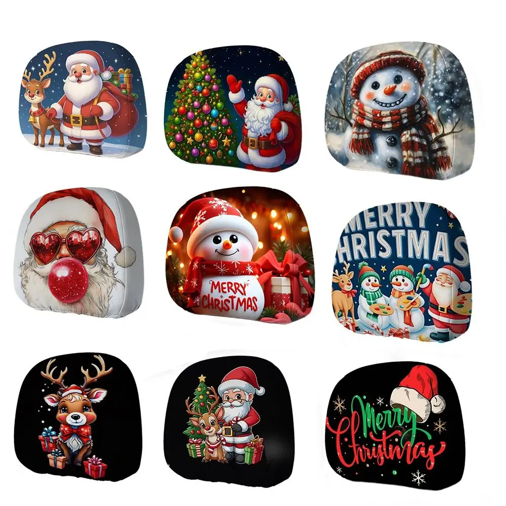2pcs Universal Christmas Car Headrest Cover Cartoon Snowman Santa Print Car Pillowcase Funny Stain-Proof 3