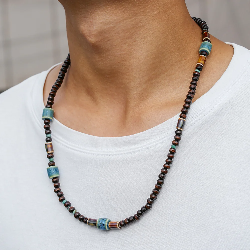 1PC Men's Retro Ethnic Long Wooden Beaded Necklacefor Men Bohemia Ceramic Beads Necklace Man Jewelry - view 4