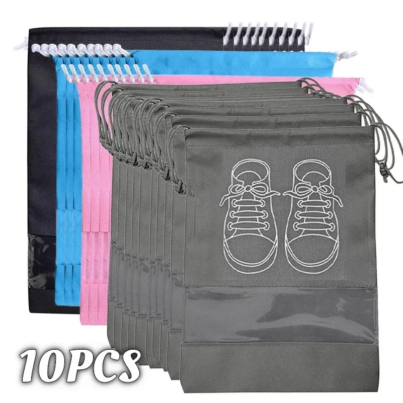 10 pçs sapatos organizador de armazenamento sacos de viagem não tecido portátil saco de armário à prova dwaterproof água bolso roupas tranparent pendurado saco