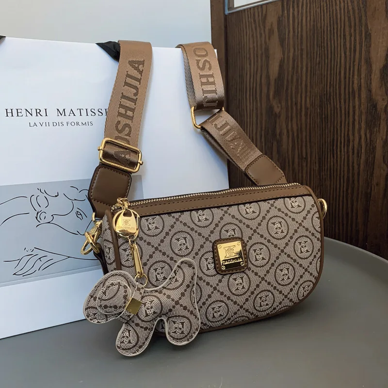 Navy Vintage Print Wide Strap Mini Bag Light Multi-Layer Match Office Workers Daily Grocery Casual Trip