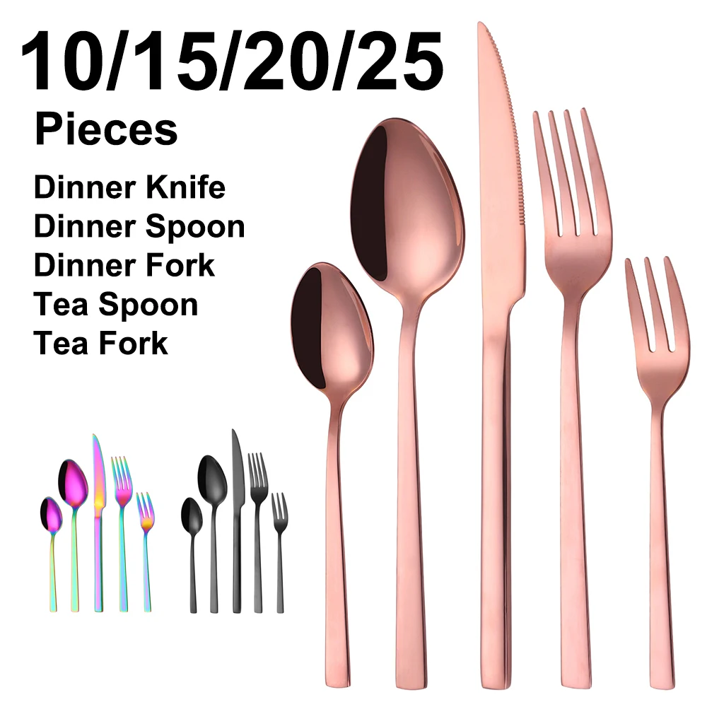 10/15/20/25 Pieces Gold Tableware Knife Fork Spoon Set Stainless Steel Cutlery Set Mirror Black Dinnerware Kitchen Utensils