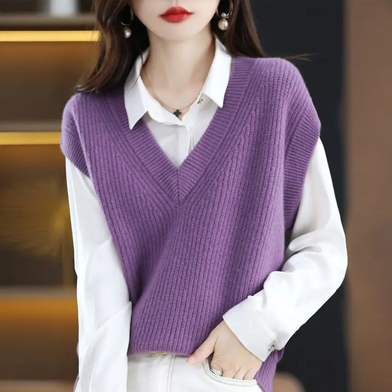 2022 Women\'s Elegant Solid Color Simple All-match Sweater Vest V-neck Sleeveless Ladies Autumn Casual Pullover Warm Knitted Vest