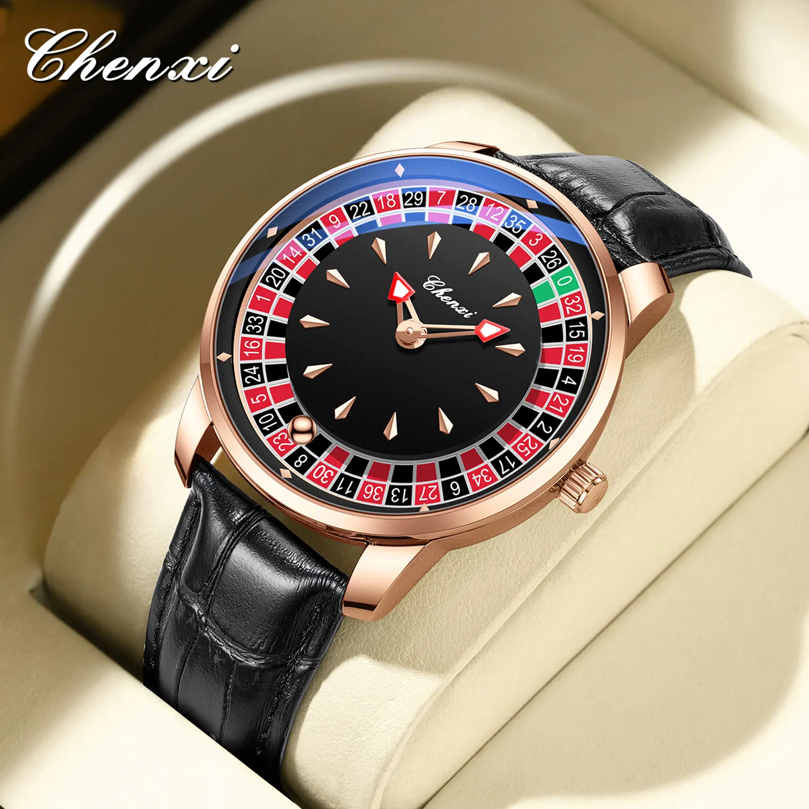 Image of Chenxi 636 Modische Casual-Armbanduhr im europäischen Roulette-Design, Poker-Spiel-Quarz-Uhr mit Leder-/Stahlarmband, Geschenk, Reloj Hombre (ohne Box)