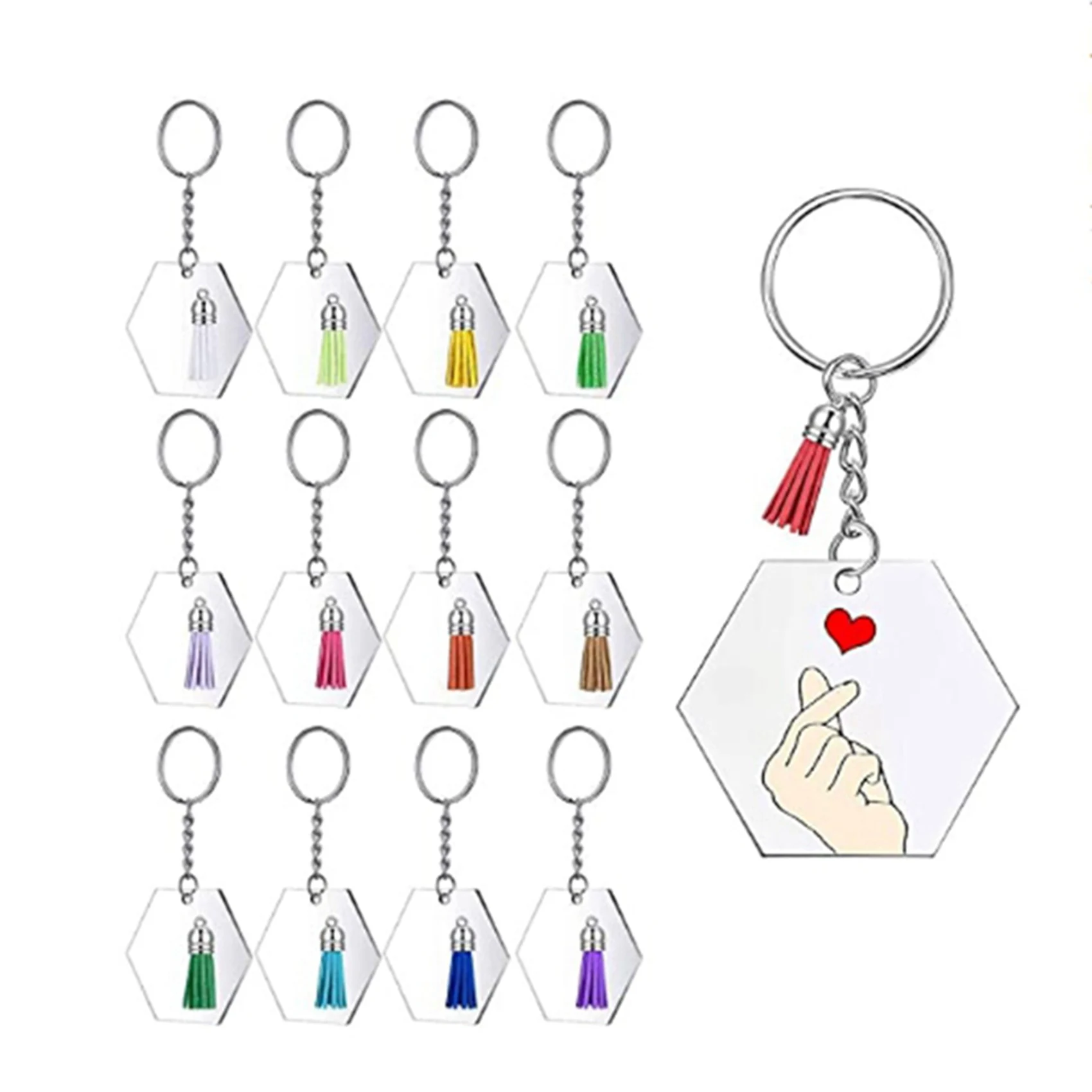 A84X-288Pcs Acrylic Transparent Discs Hexagon Keychain Blanks Charms And Tassel Pendants Keyring With Chain For DIY Crafts
