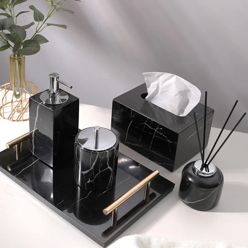 Natural marble bathroom seven piece villa model room decoration wash basin tray lotion bottle wash kit storage