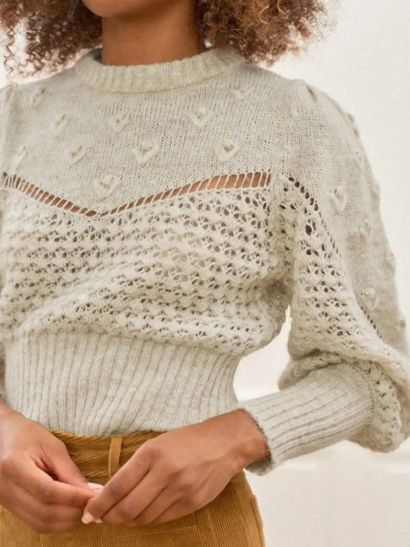 

Women's Knitted Crewneck Sweater with Hollow-Out Lace Detail, Long Sleeve, Spring Autumn Casual Wear