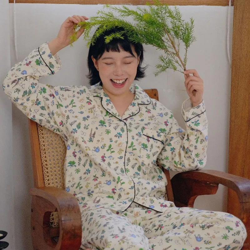 

New Rural Style Pure Cotton Brushed Pajamas for Women's Spring Autumn Winter Long Sleeved Pants Home Clothes Set