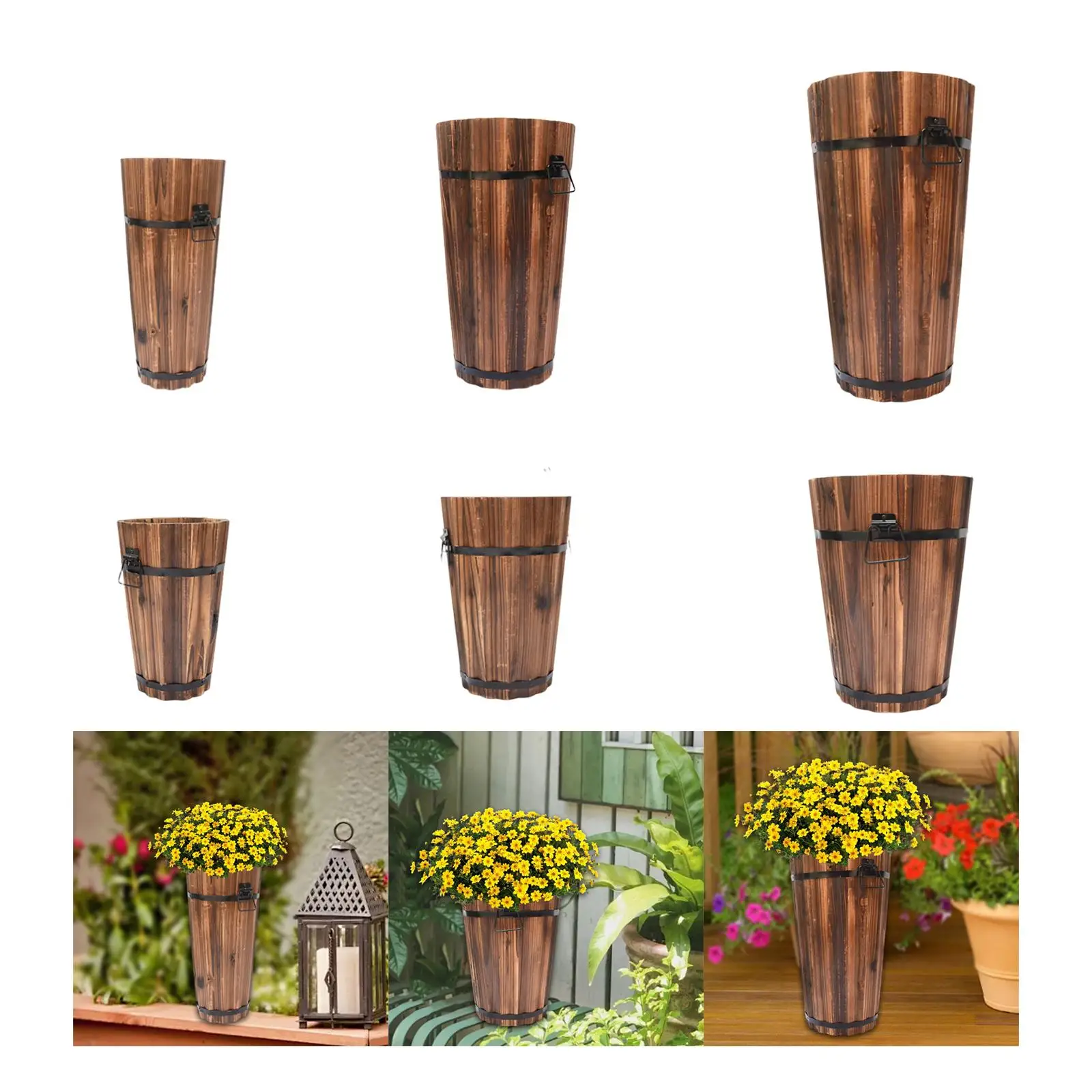Wooden Bucket Barrel Planter Rustic for Indoor Outdoor Container Flower Pot