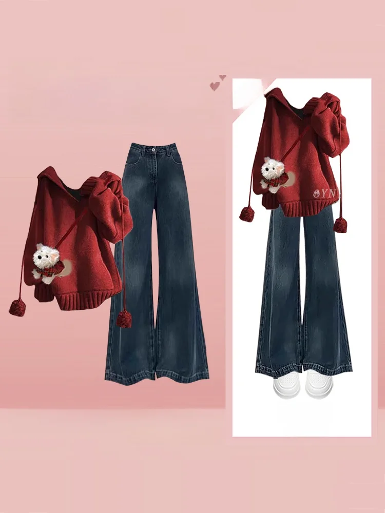 

Casual Autumn Winter Women's College Sle Hoodie Knitted Sweater And Vintage Slim Wide Leg Jeans Two Piece Set Faion Ensemble