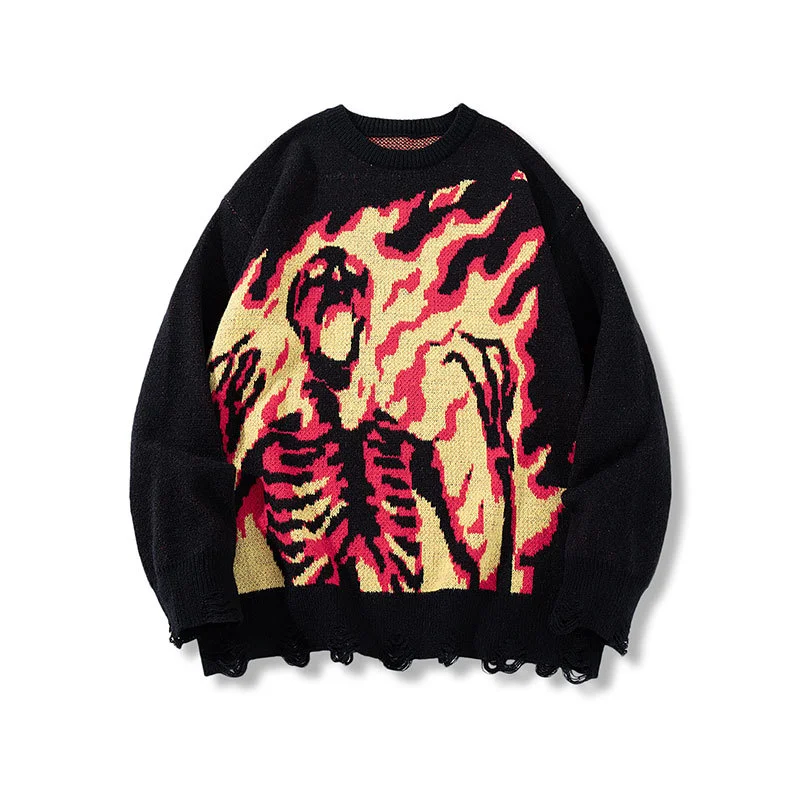 

Men Fashion Skeleton Hip Hop Sweater High Street Knitted Pullover Jumper With Skull And Flame Pattern Loose Fit Y2K Ripped Tops