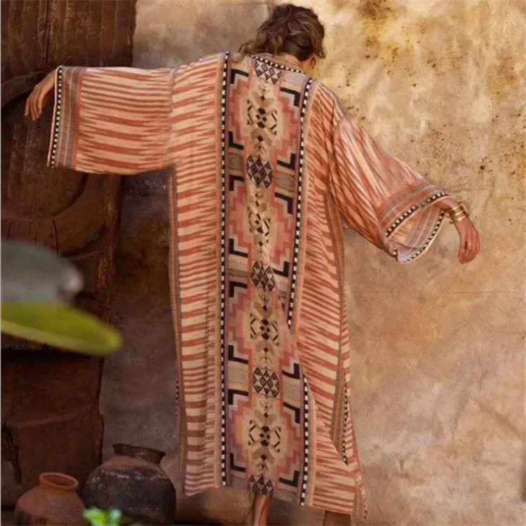 Boho Beach Robe Cotton Orange Ethnic Floral Print Kimono Vestidos Women Long Sleeve Tunic Top Blouses Cover Up Boho