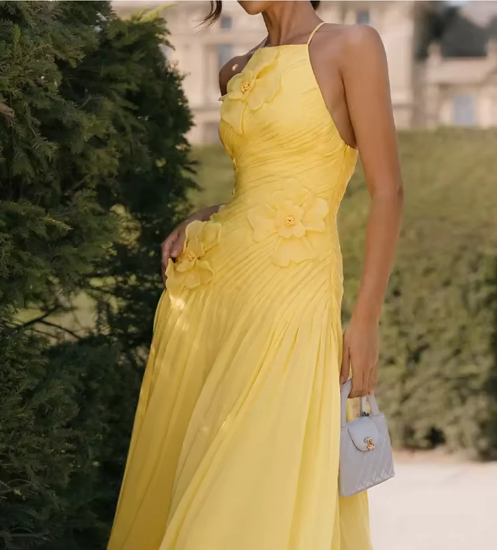 

Yellow A-line Evening Dresses Halter Flowers Pleat Party Dress Elegant Chiffon Floor-Length Prom Gowns Customized